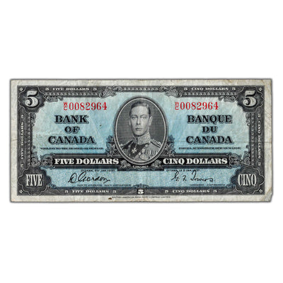 $5 1937 Bank of Canada Note Gordon-Towers W/C Prefix BC-23b - F/VF