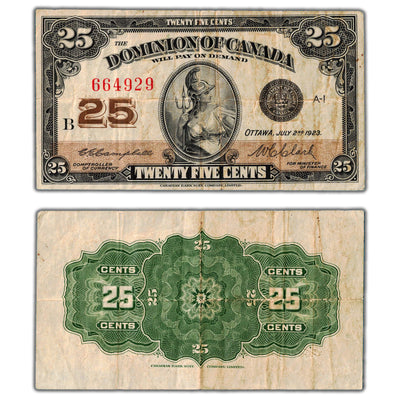 25 Cents 1923 Dominion of Canada Shinplaster Note DC-24d - F/VF (two small holes)