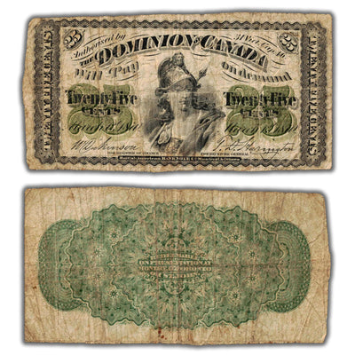 25 Cents 1870 Dominion of Canada Shinplaster Note Plain DC-1c - VG/F
