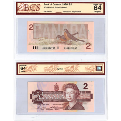 $2 1986 Bank of Canada Note CBH Prefix 4 Digit Radar BC-55c-N1-iii - BCS Ch UNC-64