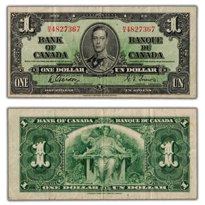 SOLD $1 1937 Bank of Canada Note H/A Narrow Panel BC-21b - VF
