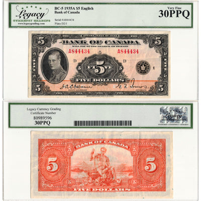 SOLD $5 1935 Bank of Canada Note English Text BC-5 - Legacy VF-30 PPQ