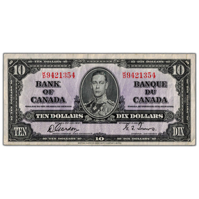 $10 1937 Bank of Canada Note Gordon-Towers K/D Prefix BC-24b - VF+