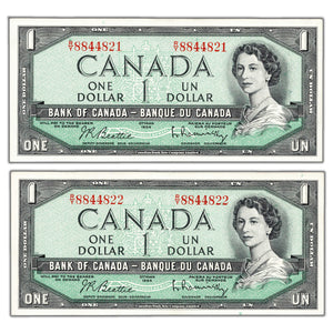 SOLD $1 1954 Bank of Canada Notes R/Y Prefix BC-37b - 2 Consecutive Lightly Circulated