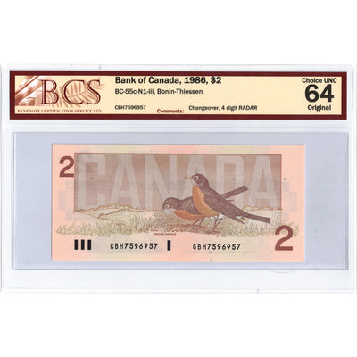$2 1986 Bank of Canada Note CBH Prefix 4 Digit Radar BC-55c-N1-iii - BCS Ch UNC-64