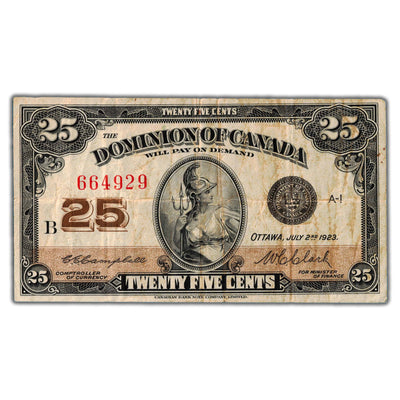 25 Cents 1923 Dominion of Canada Shinplaster Note DC-24d - F/VF (two small holes)