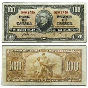 SOLD $100 1937 Bank of Canada Note Gordon-Towers B/J Prefix BC-27b - VF