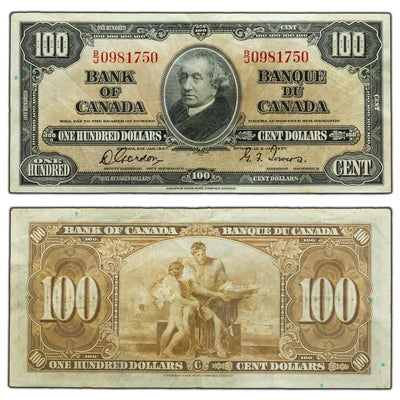 SOLD $100 1937 Bank of Canada Note Gordon-Towers B/J Prefix BC-27b - VF