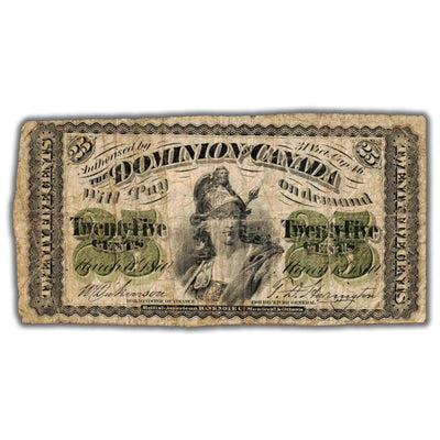 25 Cents 1870 Dominion of Canada Shinplaster Note Plain DC-1c - VG/F