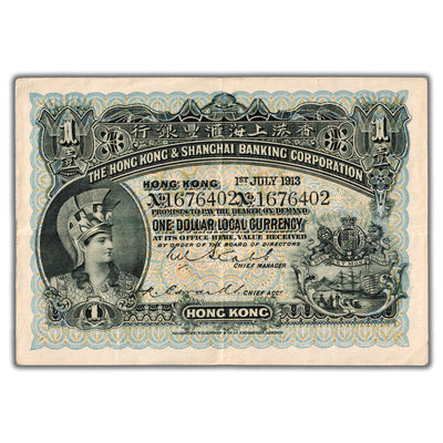 SOLD Hong Kong & Shanghai Banking Corp 1913 $1 One Dollar Note P #155b - Nice VF+