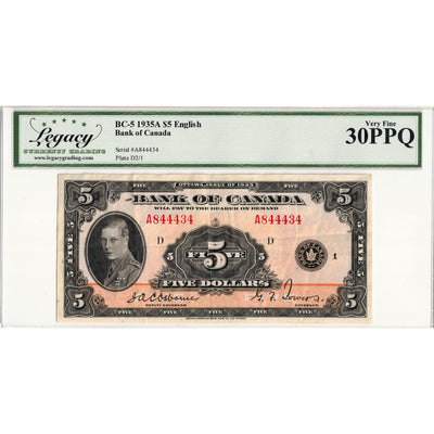 SOLD $5 1935 Bank of Canada Note English Text BC-5 - Legacy VF-30 PPQ