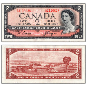 SOLD $2 1954 Bank of Canada Note Beattie-Coyne X/B Prefix BC-38a - EF