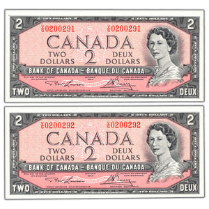 SOLD $2 1954 Bank of Canada Notes V/G Better Prefix BC-38d - 2 Consecutive AU/UNC