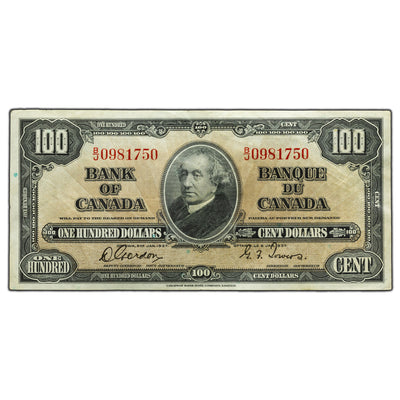 SOLD $100 1937 Bank of Canada Note Gordon-Towers B/J Prefix BC-27b - VF