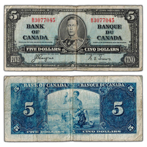 SOLD $5 1937 Bank of Canada Note Coyne-Towers B/S Prefix BC-23c - Circulated