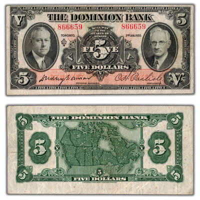 SOLD $5 1935 The Dominion Bank Canada Chartered Note #220-26-02 - Pinholes