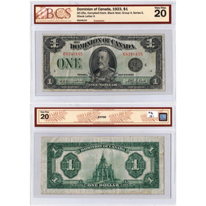 SOLD $1 1923 Dominion of Canada Note Campbell-Clark Black Seal DC-25o - BCS VF-20