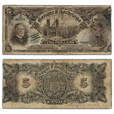 SOLD $5 1914 Banque d'Hochelaga Canada Chartered Note #360-22-02 - Trimmed Edge/Tears