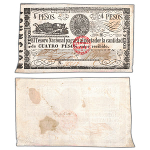 SOLD Paraguay 1868 4 Four Pesos Note - Stained