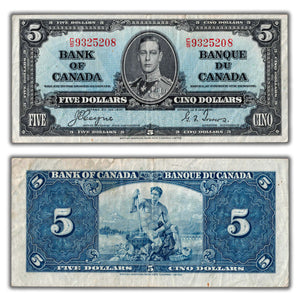 SOLD $5 1937 Bank of Canada Note Coyne-Towers C/S Prefix BC-23c - VF (small tear)