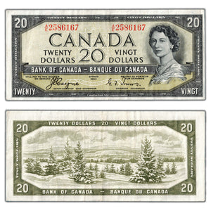 SOLD $20 1954 Bank of Canada Note Devil Face A/E Prefix BC-33a - VF