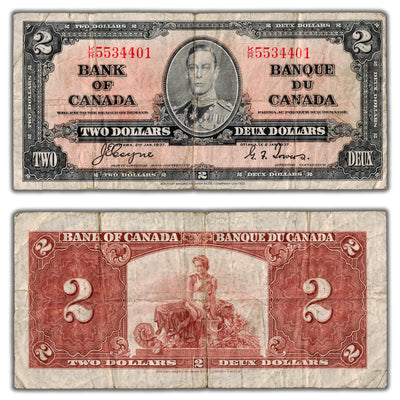 $2 1937 Bank of Canada Note Coyne-Towers K/R Prefix BC-22c - Fine
