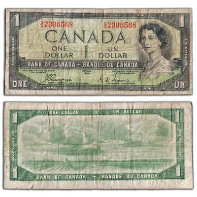 $1 1954 Bank of Canada Note Devil Face G/A Prefix BC-29a - Circulated