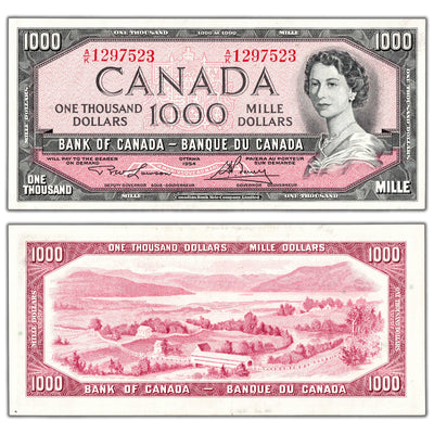 SOLD $1000 1954 Bank of Canada Note Lawson-Bouey A/K Prefix BC-44d - Uncirculated