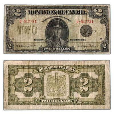 SOLD $2 1923 Dominion of Canada Note Black Seal Series U DC-26j - Fine
