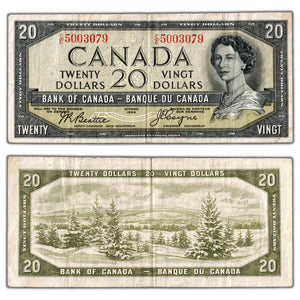 SOLD $20 1954 Bank of Canada Note Devil Face C/E Prefix BC-33b - VF