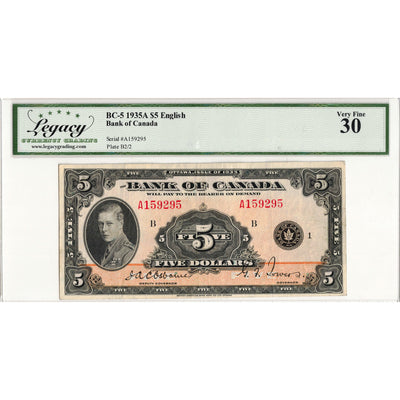 $5 1935 Bank of Canada Note English Text BC-5 - Legacy VF-30