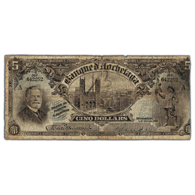 SOLD $5 1914 Banque d'Hochelaga Canada Chartered Note #360-22-02 - Trimmed Edge/Tears