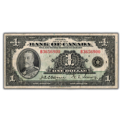 $1 1935 Bank of Canada Note English Text Series B BC-1  - Faded Stamp on Back