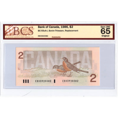 SOLD $2 1986 Bank of Canada Note EBX Replacement Prefix BC-55cA-i - BCS Gem UNC-65