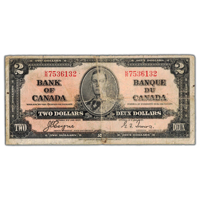 $2 1937 Bank of Canada Note Coyne-Towers K/R Prefix BC-22c - Circ. (small hole)