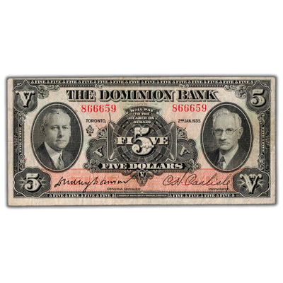 SOLD $5 1935 The Dominion Bank Canada Chartered Note #220-26-02 - Pinholes