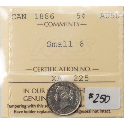 SOLD Canada 1886 Small 6 5 Cents Silver Coin - ICCS AU-50