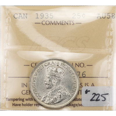 SOLD Canada 1935 25 Cents Quarter Silver Coin - ICCS AU-58