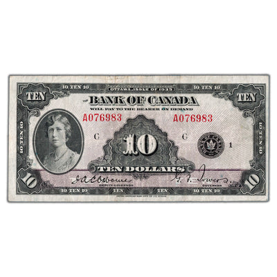 SOLD $10 1935 Bank of Canada Note English Text BC-7 - F/VF (pressed)