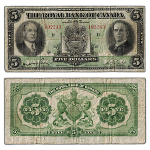 SOLD $5 1933 Royal Bank of Canada Chartered Note #630-16-02 - Pinholes