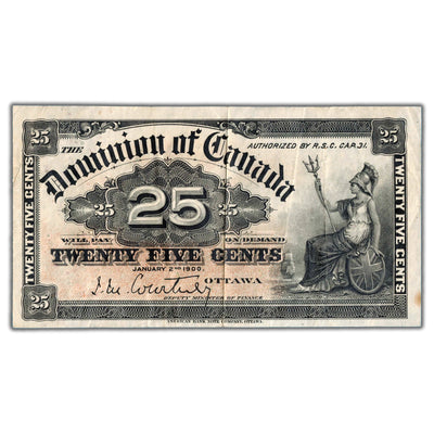 25 Cents 1900 Dominion of Canada Shinplaster Note Courtney DC-15a - VF
