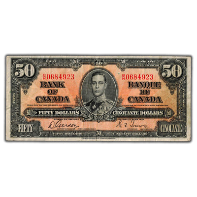 SOLD $50 1937 Bank of Canada Note Gordon-Towers B/H Prefix BC-26b - Fine+