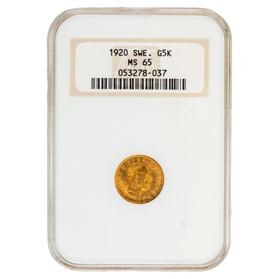 SOLD Sweden 1920 5 Kronor Gold Coin - NGC MS-65