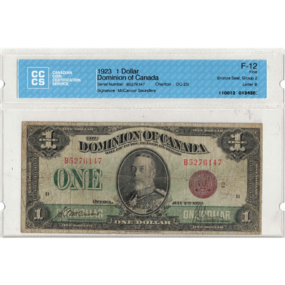 $1 1923 Dominion of Canada Note Bronze Seal Series B DC-25i - CCCS F-12