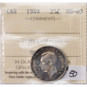 SOLD Canada 1949 25 Cents Quarter Silver Coin - ICCS MS-63