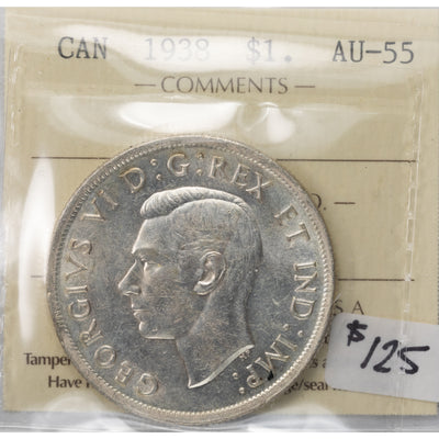 SOLD Canada 1938 $1 Silver Dollar Coin - ICCS AU-55