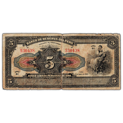 SOLD Peru 1922 (1935) 5 Libras Peruana de Oro Overprint Note P #58 - Circulated