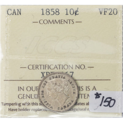 SOLD Canada 1858 10 Cents Dime Silver Coin - ICCS VF-20