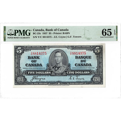 $5 1937 Bank of Canada Note Coyne-Towers Y/C Prefix BC-23c - PMG Gem UNC-65 PPQ