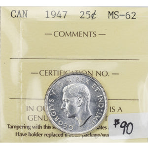SOLD Canada 1947 25 Cents Quarter Silver Coin - ICCS MS-62